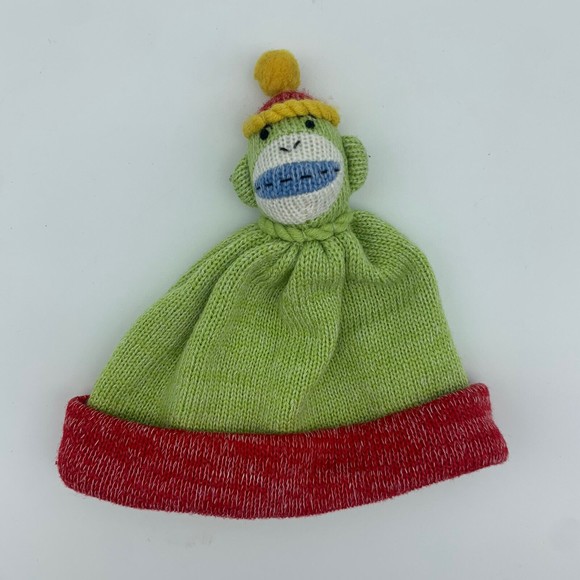 Seasons of Cannon Falls Sock Monkey Baby Hat Green Red Baby Beanie Knit Cuffed - Picture 1 of 8